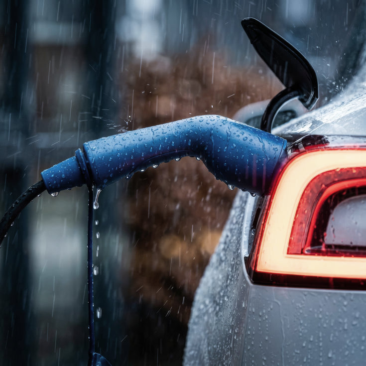 Blue Type 2 charging plug connected to an electric car in pouring rain