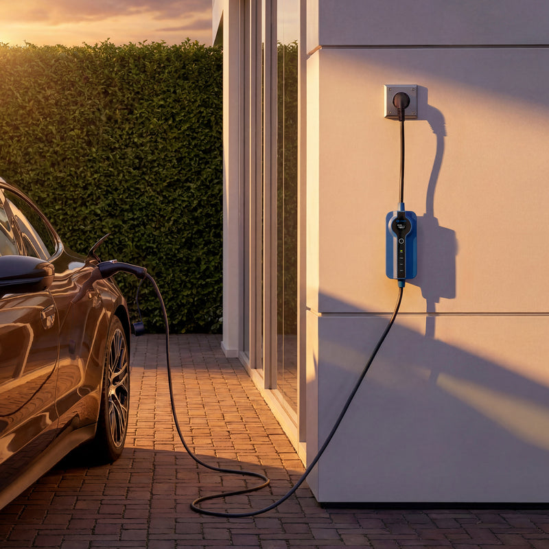 Electric car parked at home charging at dusk with the Voldt® Type 1 Portable Charger