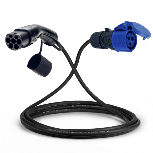 Adapterkabel type 2 (laadstationzijde) naar 16A 3-polige blauwe CEE contactdoos